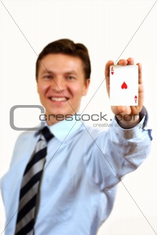 Businessman holding a ace casino card,clipping path included