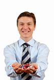 Businessman holding gambling chips,clipping path