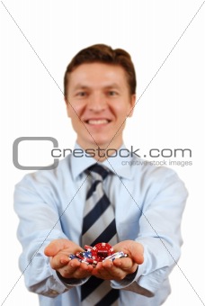 Businessman holding gambling chips,clipping path