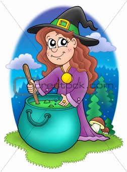 Cute witch with kettle