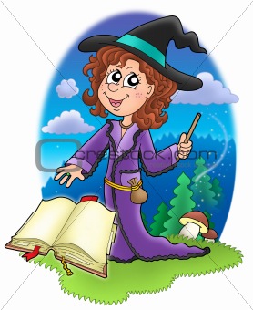 Cute witch with wand and book