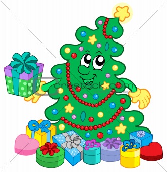 Happy Christmas tree with gifts