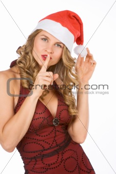 Blonde Mrs Santa Claus ask for silence please!