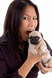 shouting female holding puppy