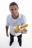 young handsome guy holding wine bottle