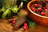Pine cones,christmas balls and gifts 