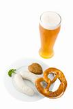 bavarian white sausage, wheat beer and pretzel