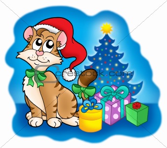 Cat with Christmas tree and gifts