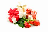 red roses and gift box on white background