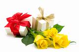 yellow roses and gift boxes