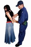 An officer apprehending a female