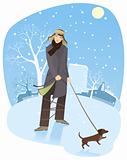 Nice Boy Walking Dog In Winter Park