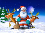 Santa Claus surrounded by his deers