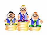 Businessmen standing on a pedestal of coins