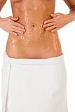 Exfoliation Woman Putting scrub on abdomen area of torso