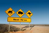 Kangaroo, wombat and camel warning sign Australia
