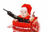 infant calling by phone in the christmas box