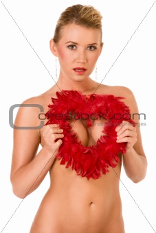 Sexy implied topless woman with feather heart shape