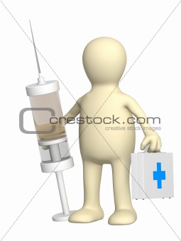 Puppet veterinary with a syringe