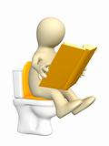 3d puppet, sitting with book on toilet bowl