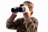 front view boy viewing through binoculars 