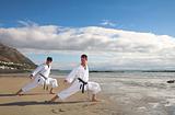 Men practicing Karate on the beach