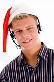 close up of young customer executive with christmas hat 
