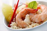 shrimps with pineapple and rice and pineapple/red curry sauce