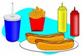 Hotdog dinner scene with fries and soft drink