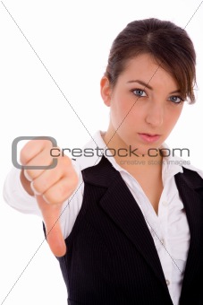 front view of woman with thumbs down