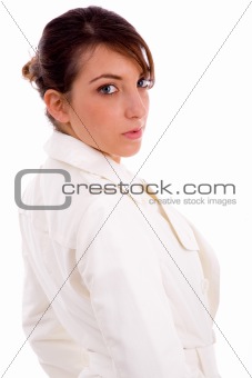 side view of fashionable female looking at camera