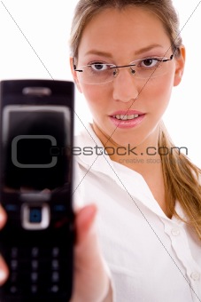 portrait of manager showing cell phone