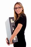 side view of smiling woman holding briefcase