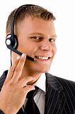 young customer service operating with headset