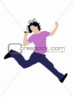 man leaping holding microphone