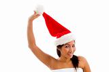 young woman holding her christmas hat