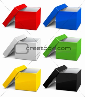 set of color empty opened cardboard boxes