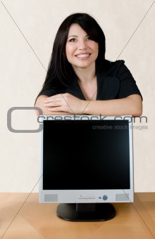 Woman leaning on lcd screen