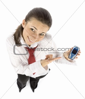 businesswoman points to mobile phone