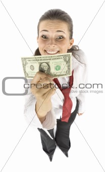 businesswoman with one dollar banknote