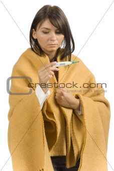 ill woman with clinical thermometer
