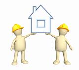 Two builders, holding in hands the stylized house