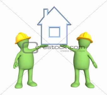 Two builders, holding in hands the stylized house