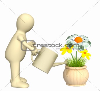 3d puppet, watering monetary flower