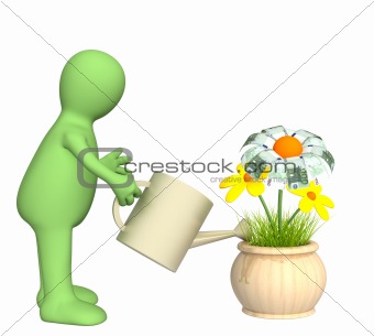 3d puppet, watering monetary flower