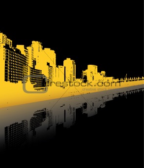 City reflected in the water. Vector