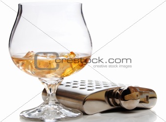 Brandy glass and hip flask