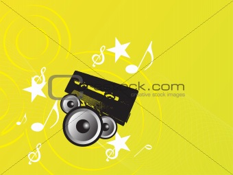 yellow music background with speaker and cassette