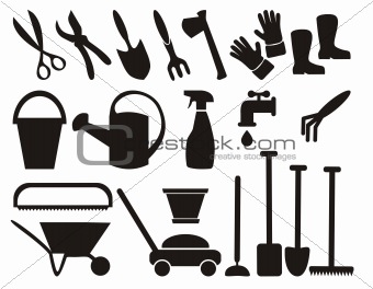 Set of silhouette of various gardening tool
