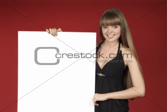 pretty blond with advertising sheet